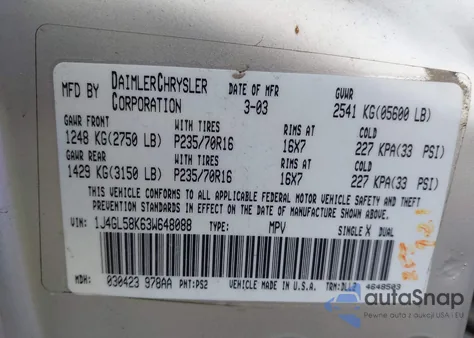 2003 Jeep Liberty Limited Edition z USA, uszkodzony, nr VIN 1J4GL58K63W648088